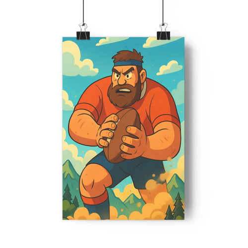 Poster joueur rugby ballon maillot orange shorts bleus montagnes nuages arbres ambiance dynamique intense cartoon ombres douces salon chambre
