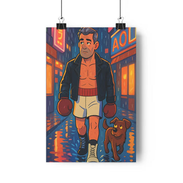 Poster urbain boxeur chien pluie enseignes lumineuses aol bleu noir orange blanc vibrant dynamique moderne chambre salon