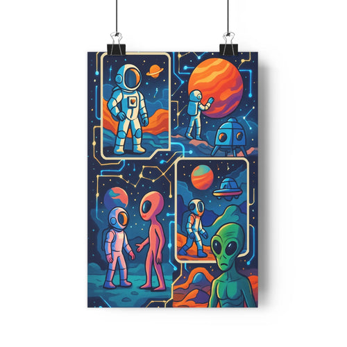 Poster futuriste astronautes planètes circuits technologiques extraterrestres discussion exploration couleur bleue verte rouge ambiance moderne chambre salon
