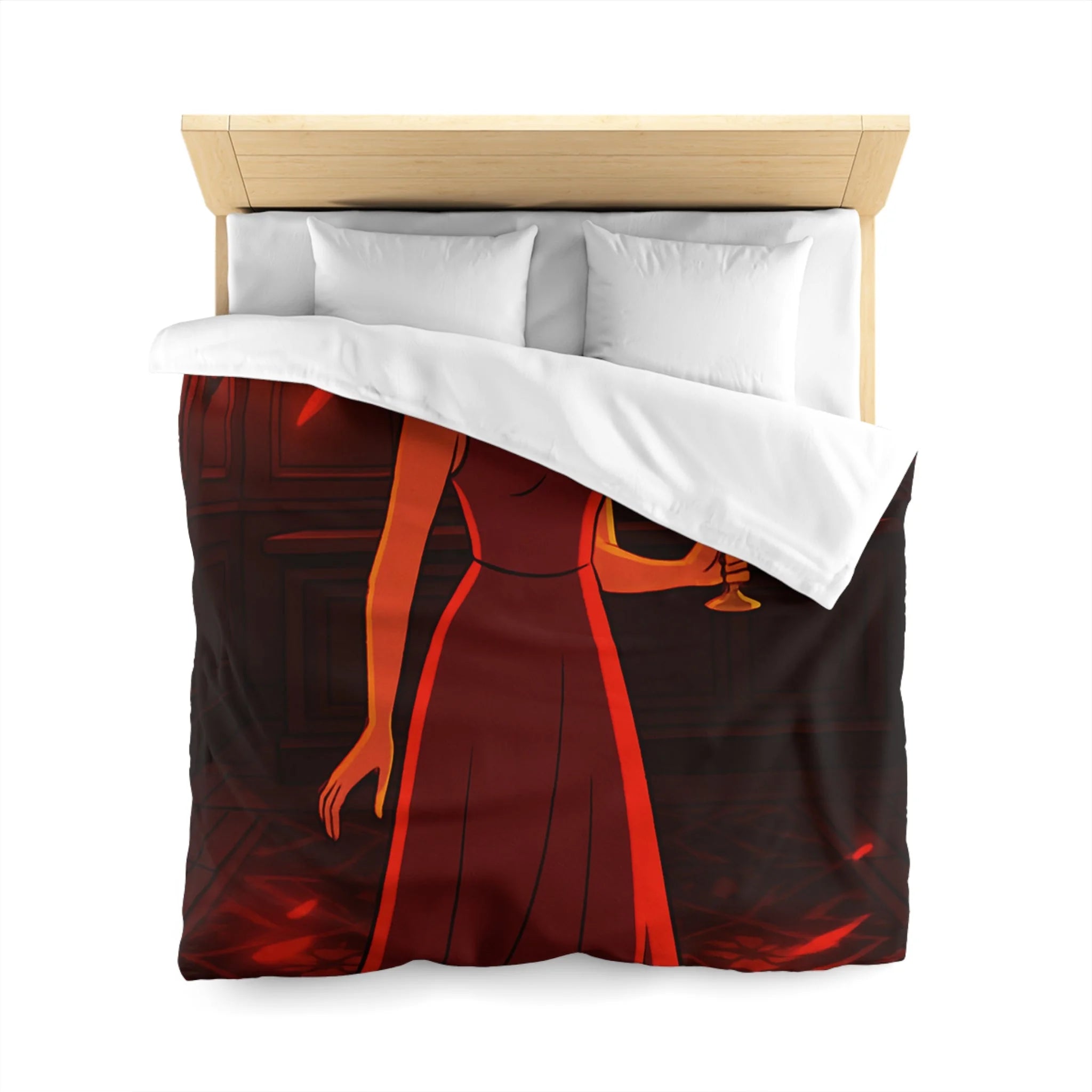 Housse de couette rouge élégante avec motif femme et reflets lumineux mystérieux