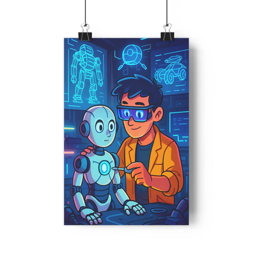 Poster homme robot technologie bleu nuit lunettes veste verte plante étagère livres modernes ombres douces ambiance innovante chambre bureau