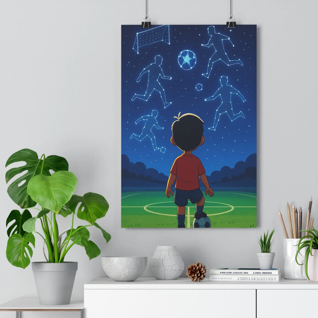Poster décoratif enfant football ciel étoilé cartoon onirique bleu vert chambre rêveur 30x46 qualité