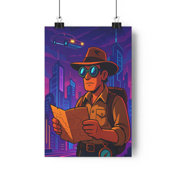 Poster urbain explorateur rétrofuturiste lunettes chapeau carte buildings lumineux nuit véhicule flottant violet marron bleu net coloré vintage aventure salon