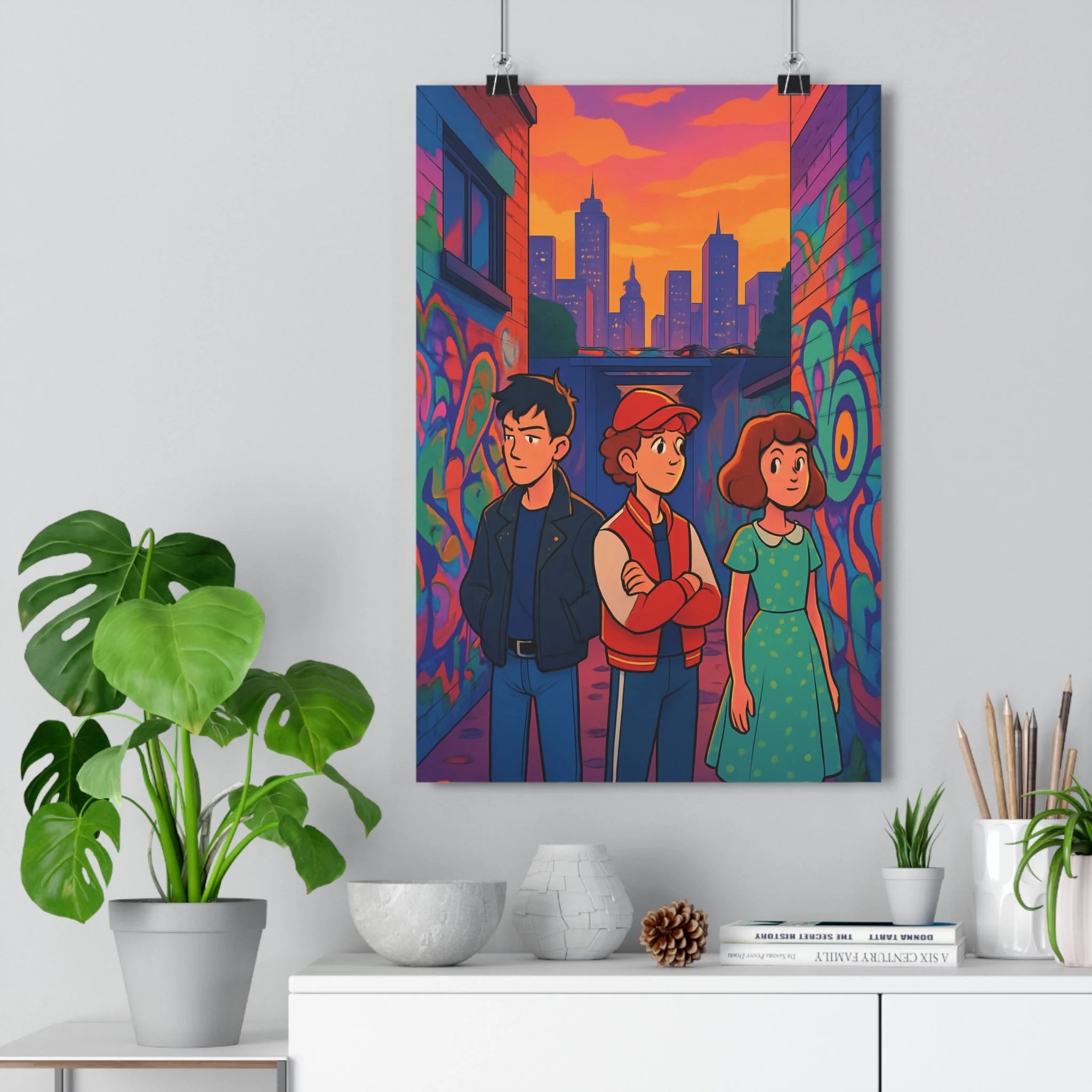 Poster décoratif urbain dynamique moderne coloré orange violet salon chambre art graffiti personnages qualité