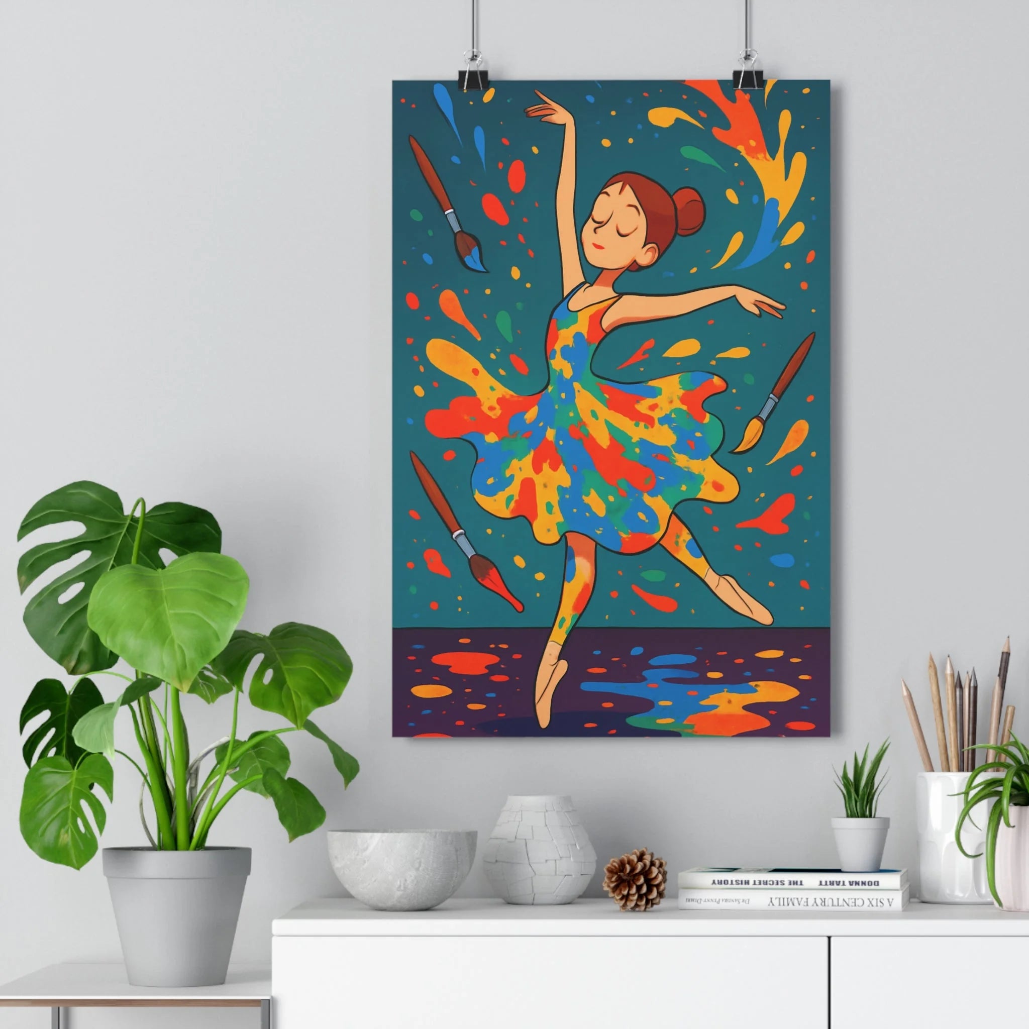Poster décoratif artistique danseuse dynamique bleu rouge jaune turquoise salon chambre coloré vibrant qualité
