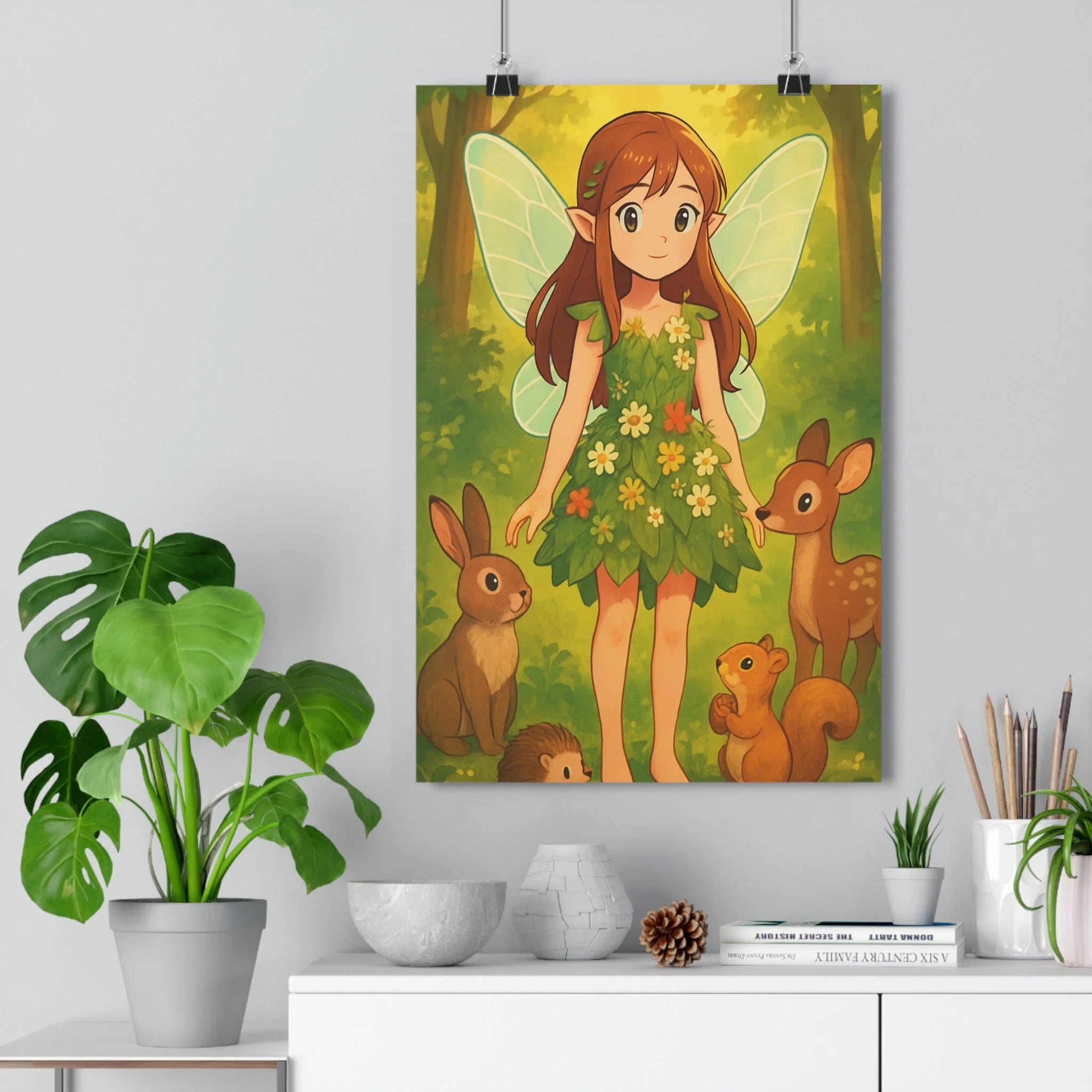 Poster décoratif féérique vert doré anime nature mystique enfant chambre détente animaux 30x46 cm