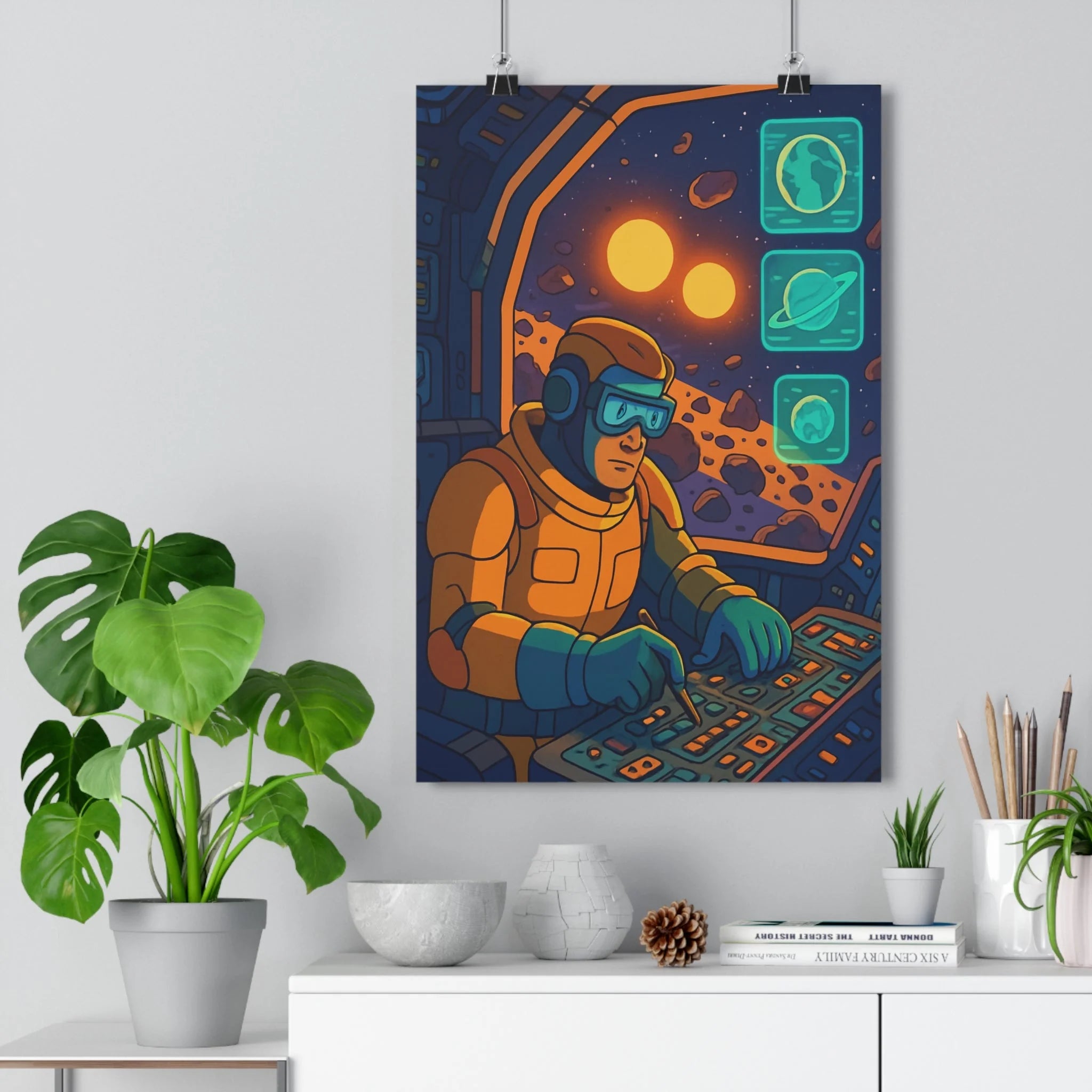 Poster décoratif rétrofuturiste bleu orange aventure espace salon bureau captivant hologramme technologie solaire qualité