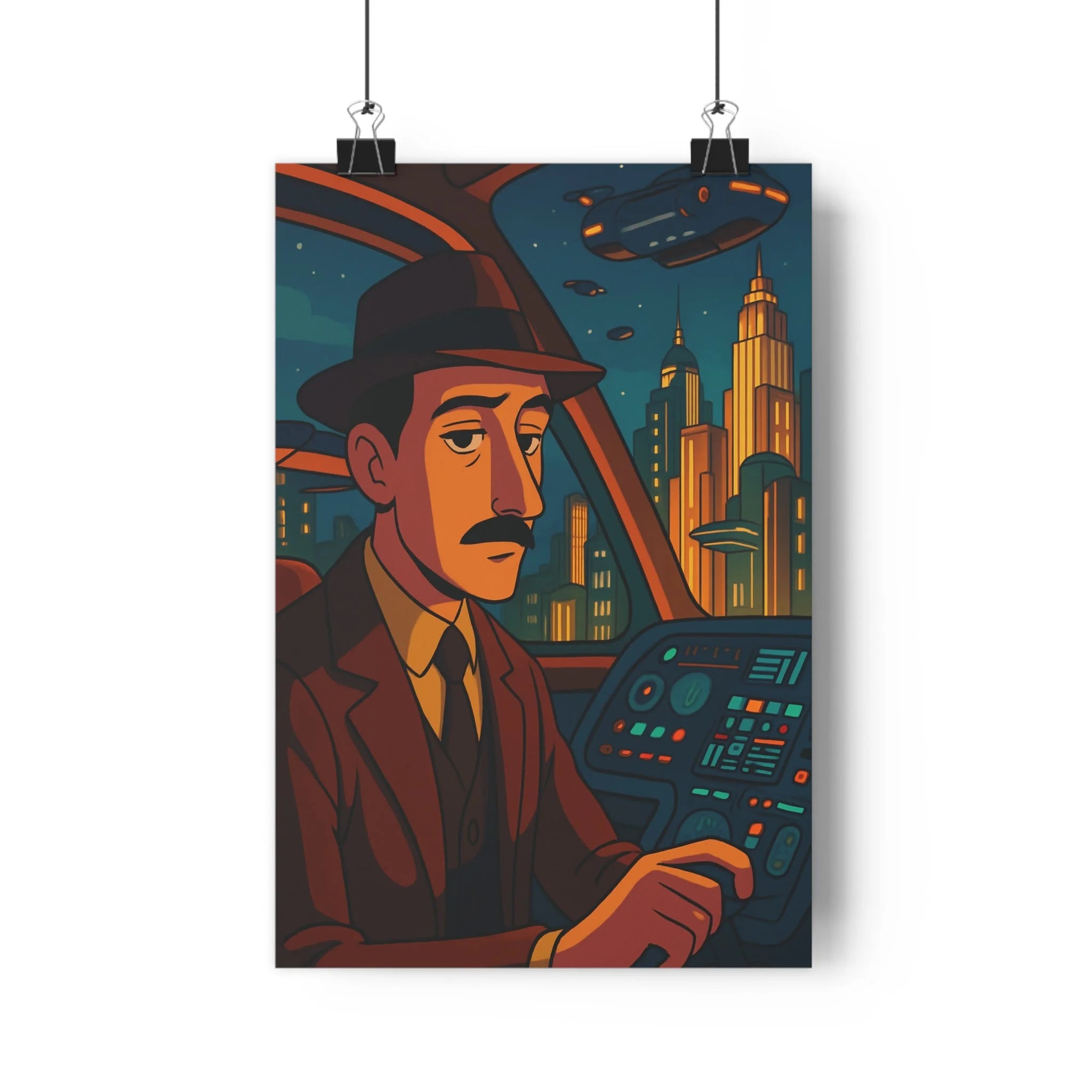 Poster décoratif rétro futuriste bleu chaud art déco salon bureau taxi volant 30x46 qualité