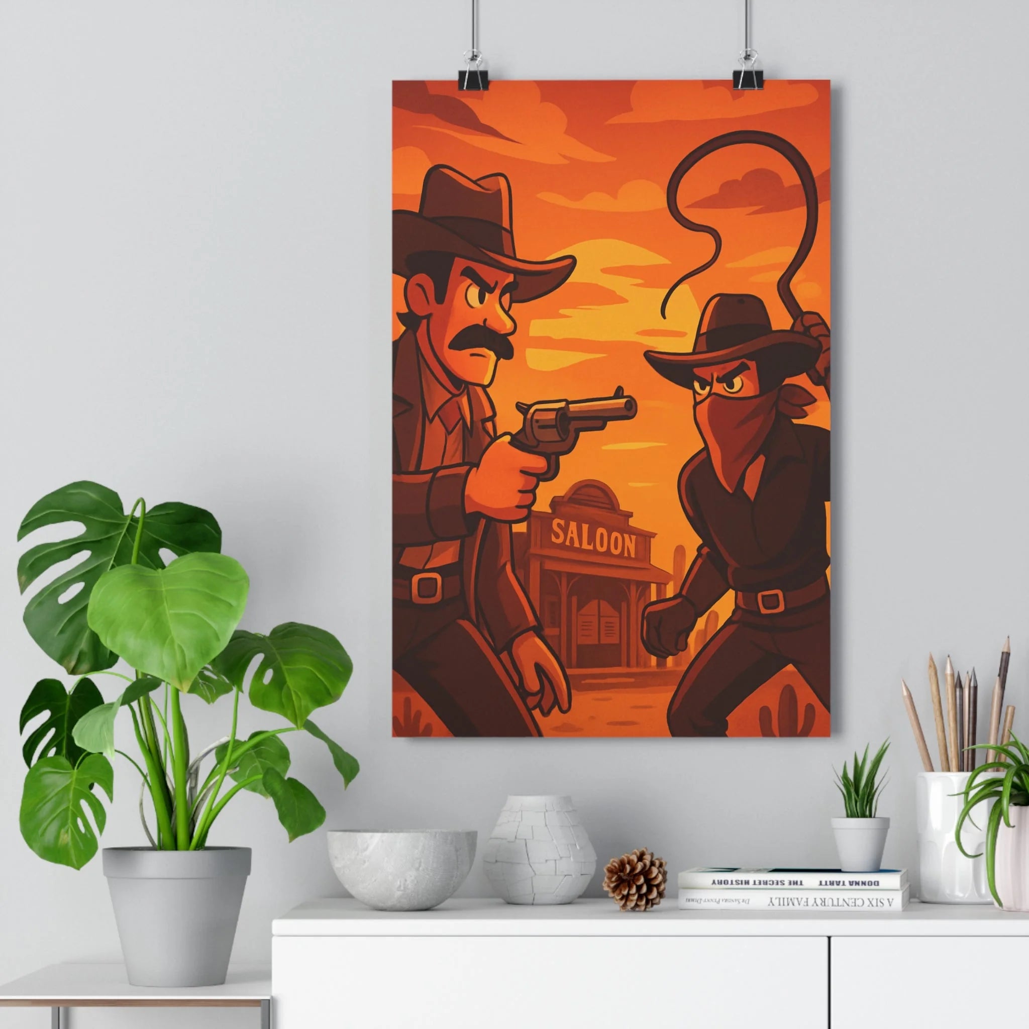 Poster décoratif cartoon western duel orange brun chambre enfant aventure classique ambiance 30x46 qualité