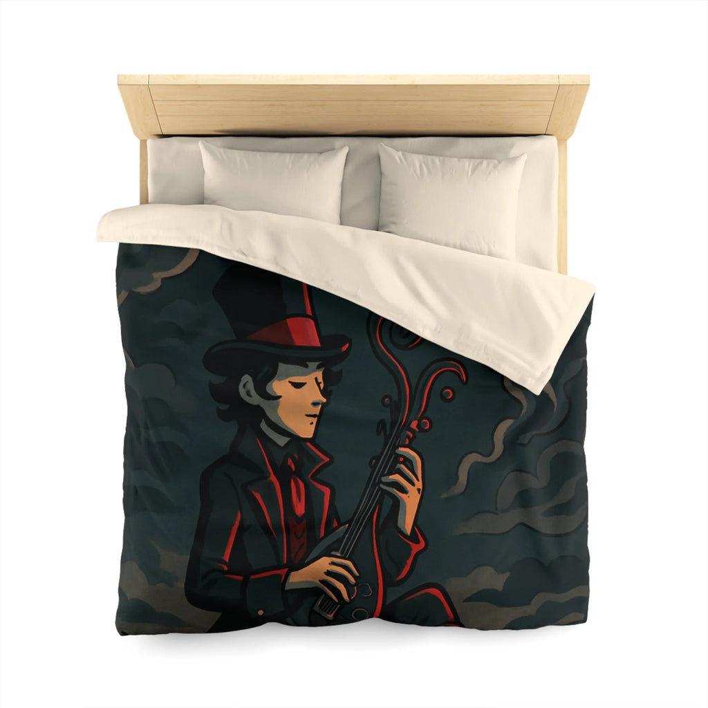 Mystérieuse silhouette avec chapeau haut-de-forme jouant d'un luth sous ciel orageux nocturne
