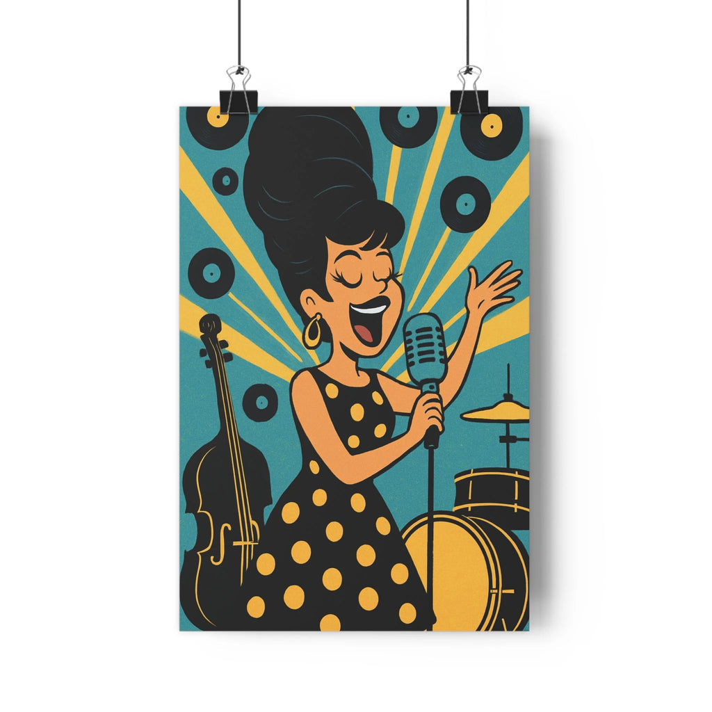 Poster décoratif vintage cartoon bleu jaune noir chanteuse rétro ambiance salon chambre tendance dynamique