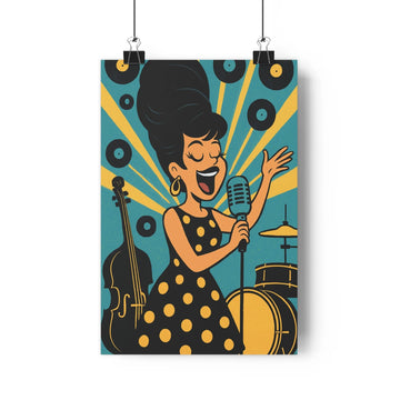 Poster chanteuse joyeuse robe pois microphone fond bleu disques vinyles lumière guitare basse tambour plantes décor simple ambiance retro popart