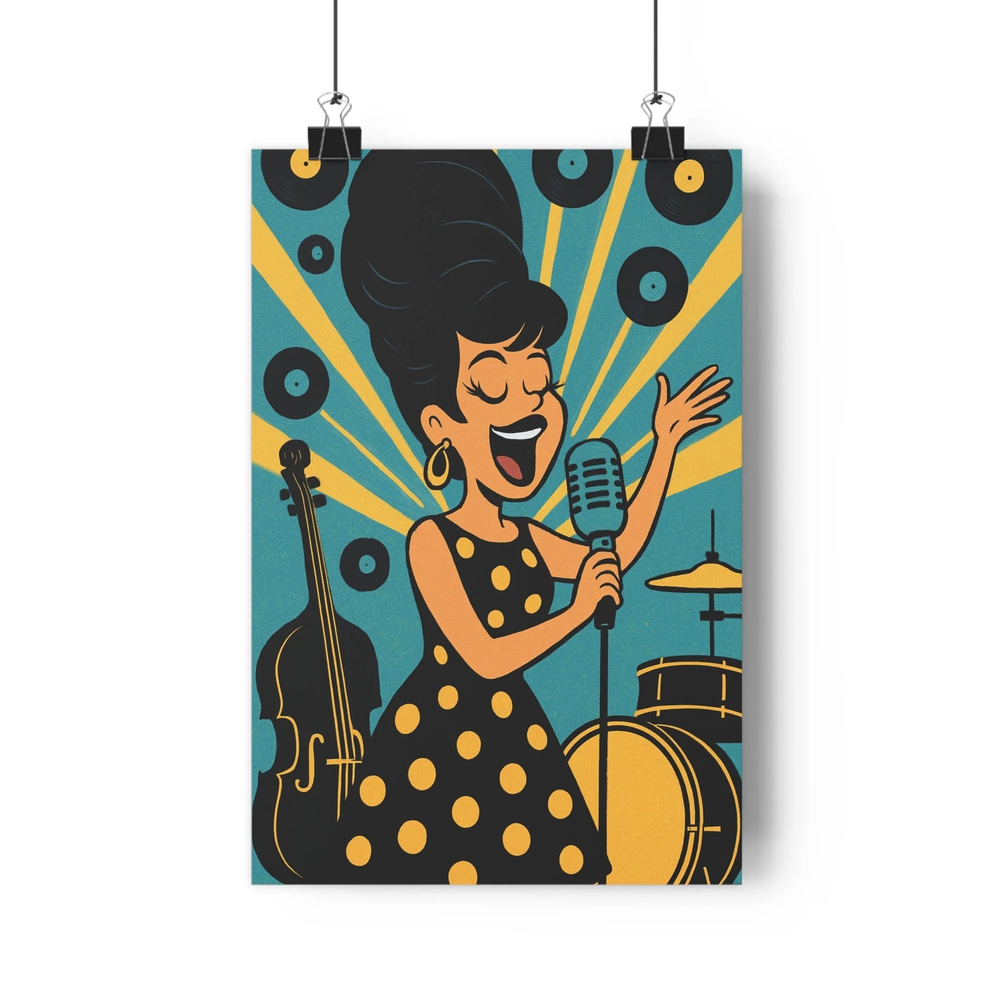 Poster décoratif vintage cartoon bleu jaune noir chanteuse rétro ambiance salon chambre tendance dynamique