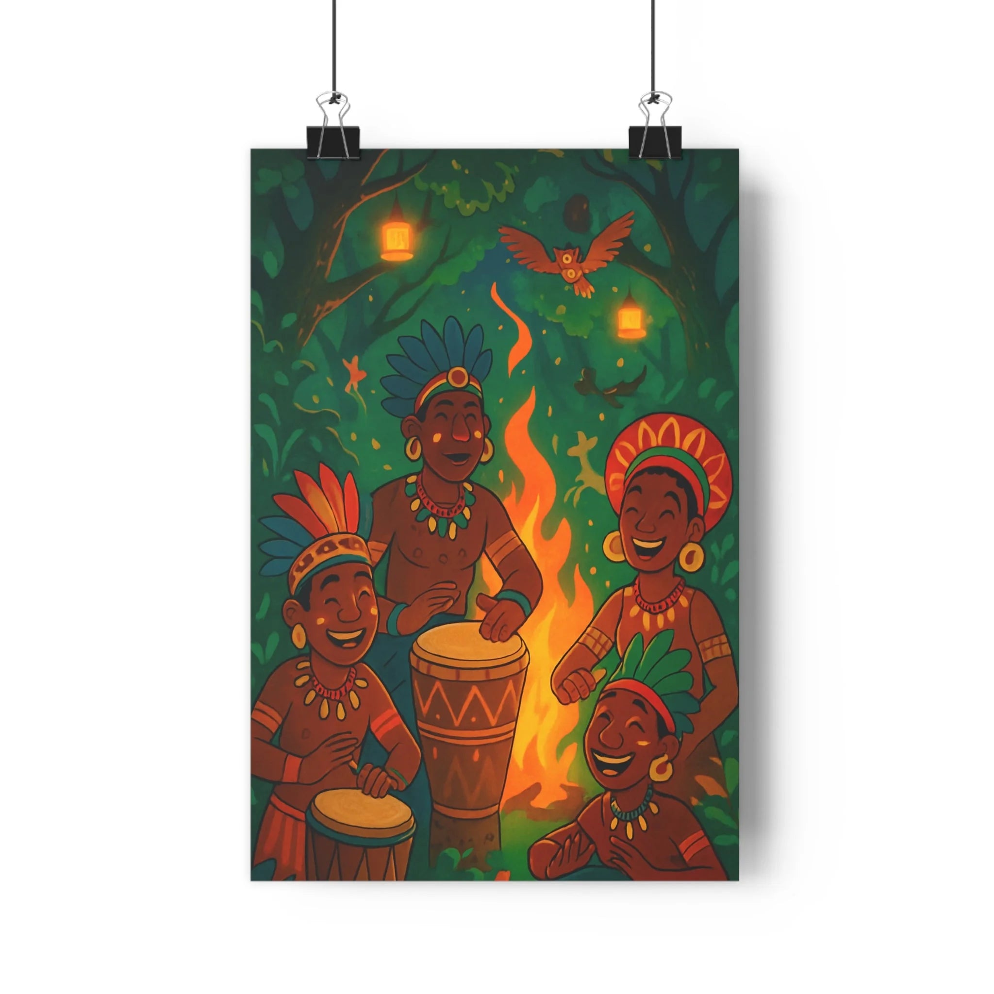 Poster décoratif ethnique vert orange rouge salon mystique joyeux tambours feu artistique ambiance chaleureuse