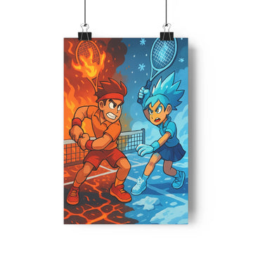 Poster tennis personnages feu glace dynamique rouge bleu contrasté ambiance intense graphique cartoon chambre salon