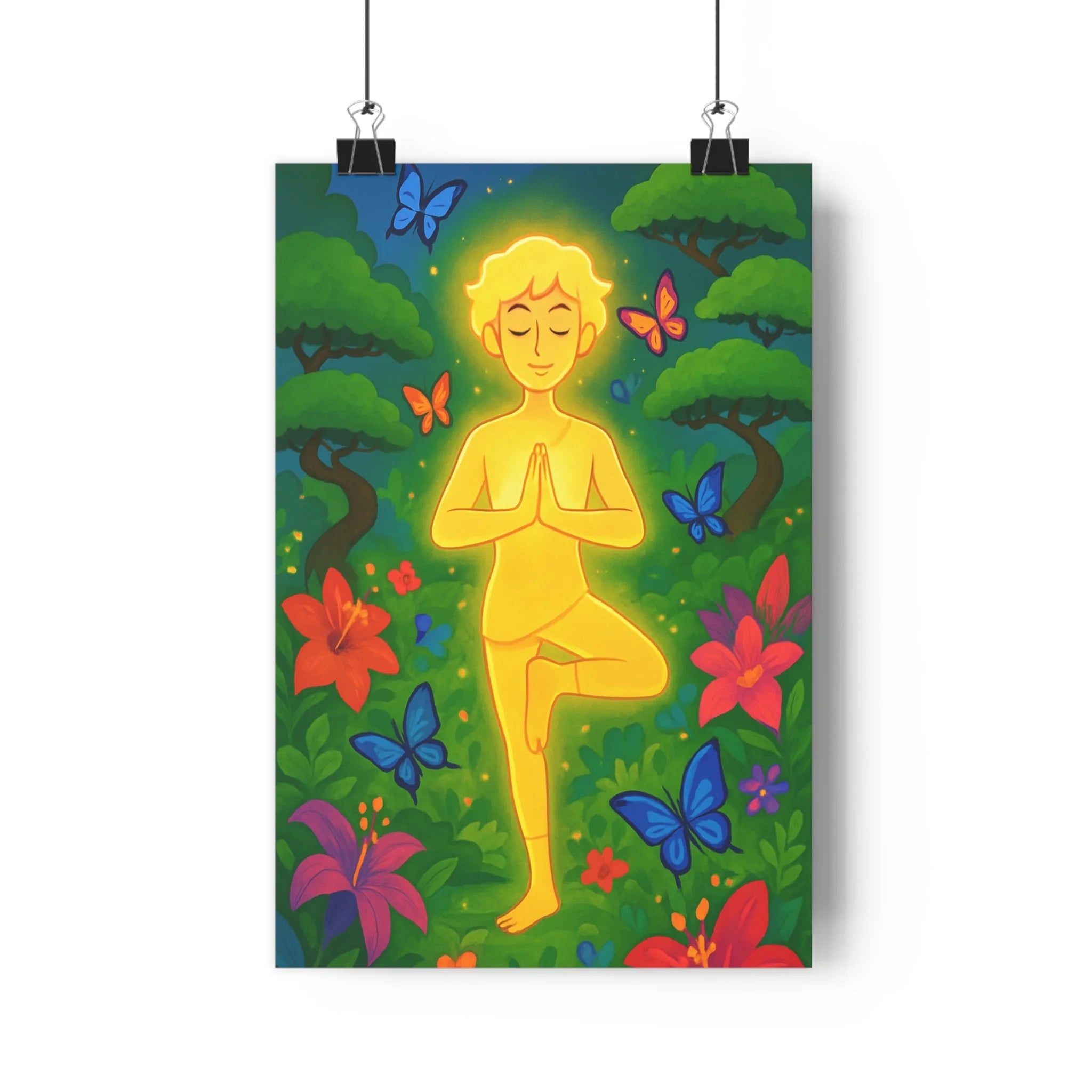Poster décoratif yoga fleurs papillons animé coloré vert rouge bleu paisible sérénité salon qualité