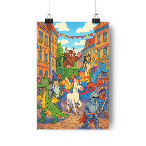 Poster festif dragon chevalier chevaucheur épée bâtiage multicolore contours nets expressions exagérées ambiance joyeuse cartoon festive chambre salon