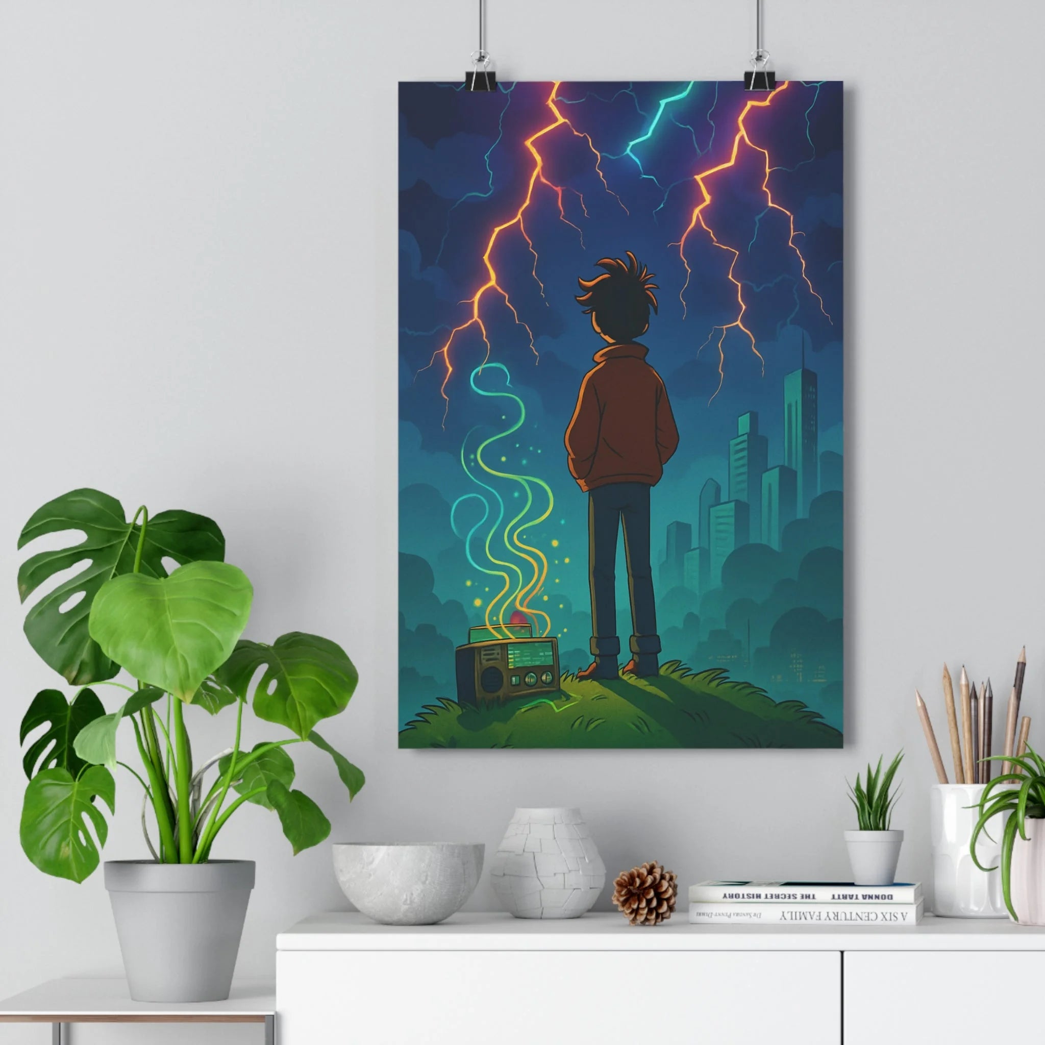 Poster décoratif dessin animé couleurs vives surréaliste intrigant captivant chambre enfant ciel orageux éclairs