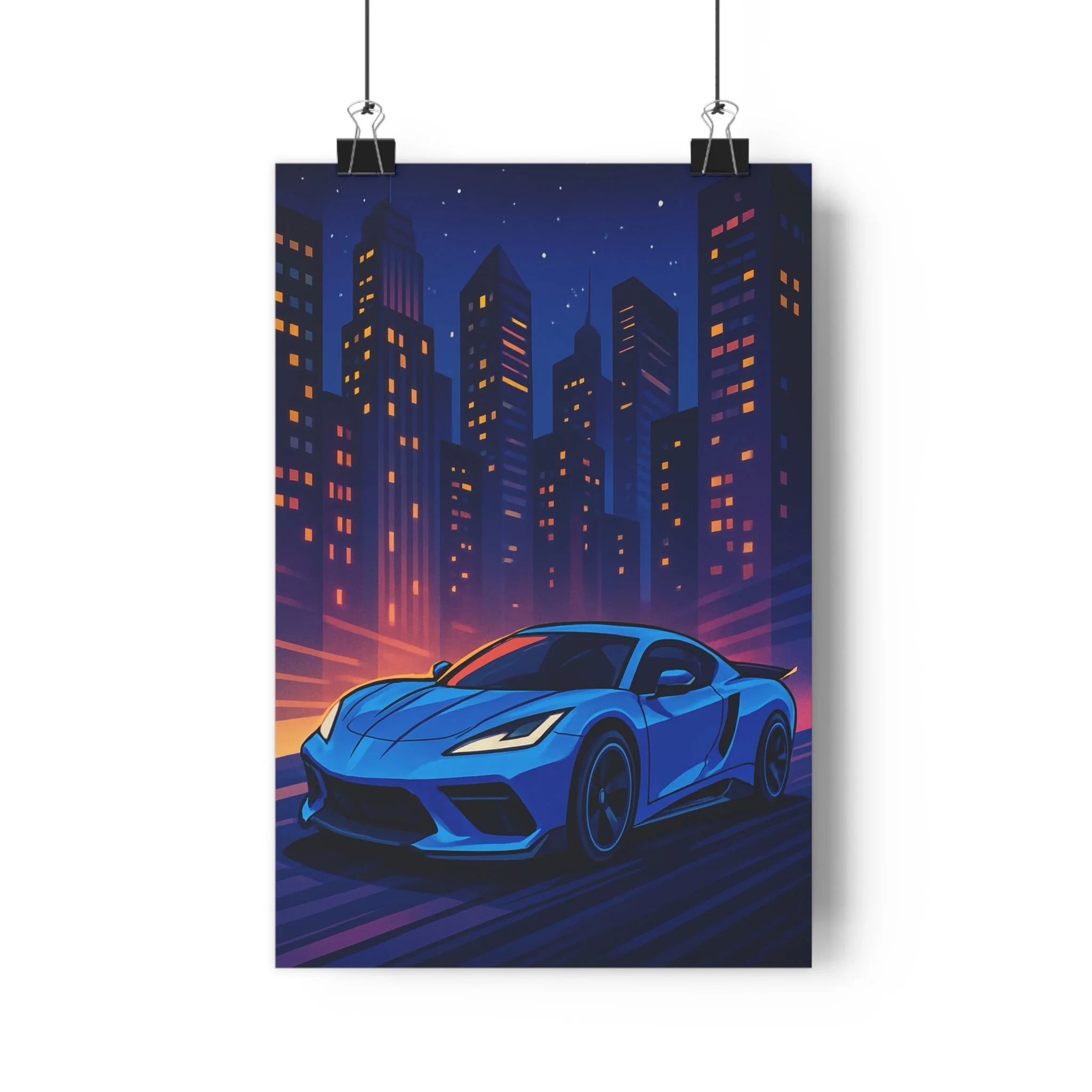 Poster décoratif voiture sportive bleu orange moderne urbain chambre salon dynamique nocturne lumineux animé