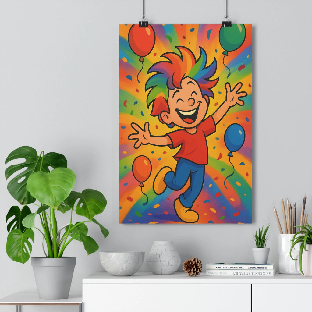 Poster décoratif joyeux enfant chambre dessin animé multicolore festif vibrant ballons confettis ambiance gaieté