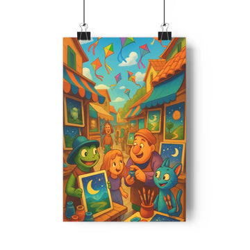 Poster animé coloré personnages artistes maison orange boutiques multicolores peinture bouteilles toile ciel cerfs-volants joyeux vibrant cartoon expressions visibles salon