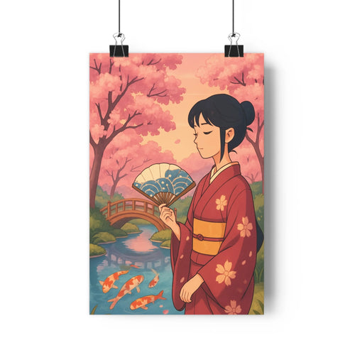 Poster japonais sérénité kimono rouge éventail bleu cerisiers roses coucher soleil pont bois poissons dorés plantes vertes console blanche ambiance