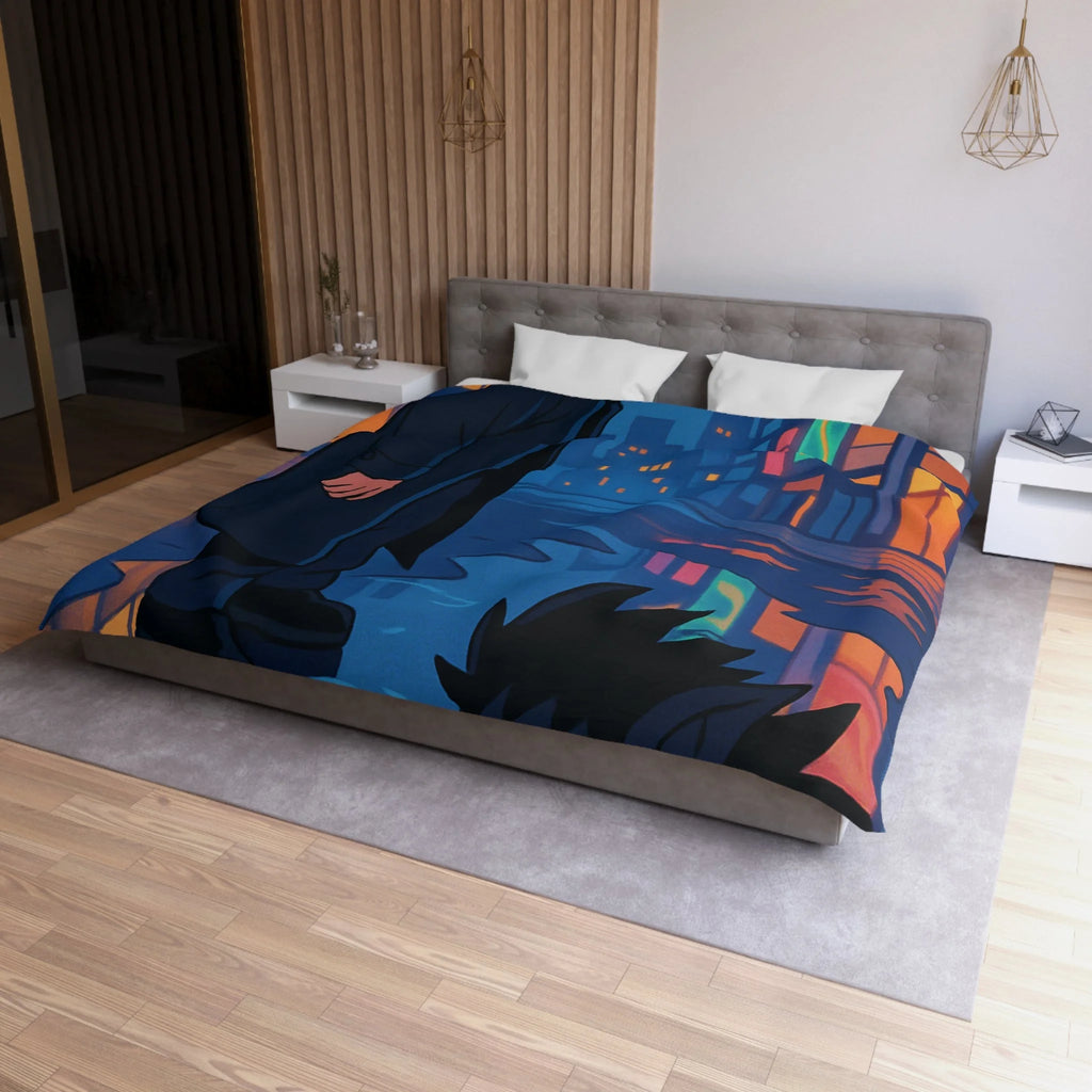 Housse de couette urbaine avec reflet mystérieux dans une rue animée la nuit