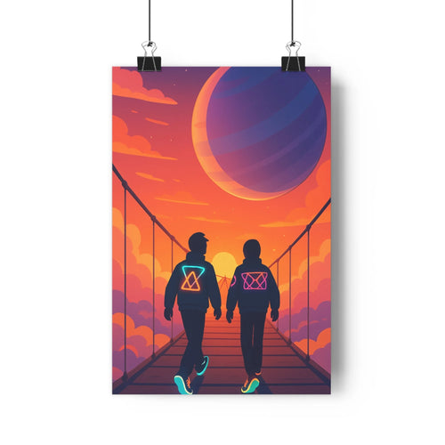 Poster personnages pont suspendu tenues noires motifs lumineux ciel orangé planète bleue violette nuages flottants style moderne minimaliste couleurs vibrantes