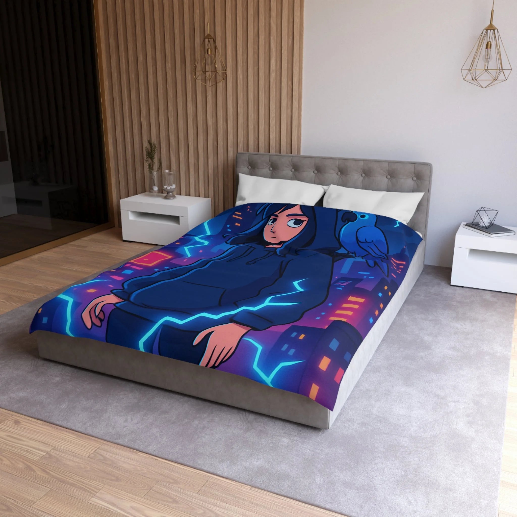 Tendance housse de couette bleu foncé avec motif urbain et perroquet électrique