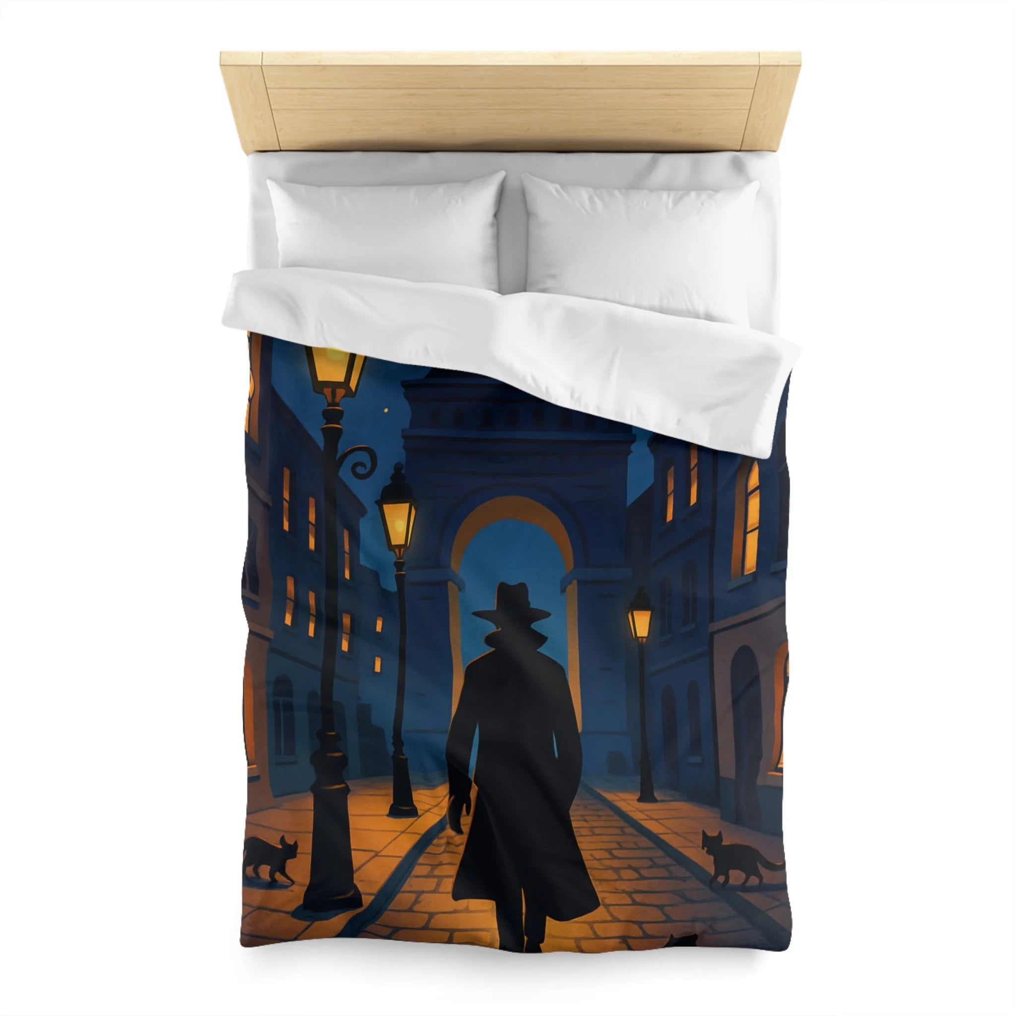 Housse de couette noire mystérieuse, silhouette d'homme avec chats et lampadaires nocturnes