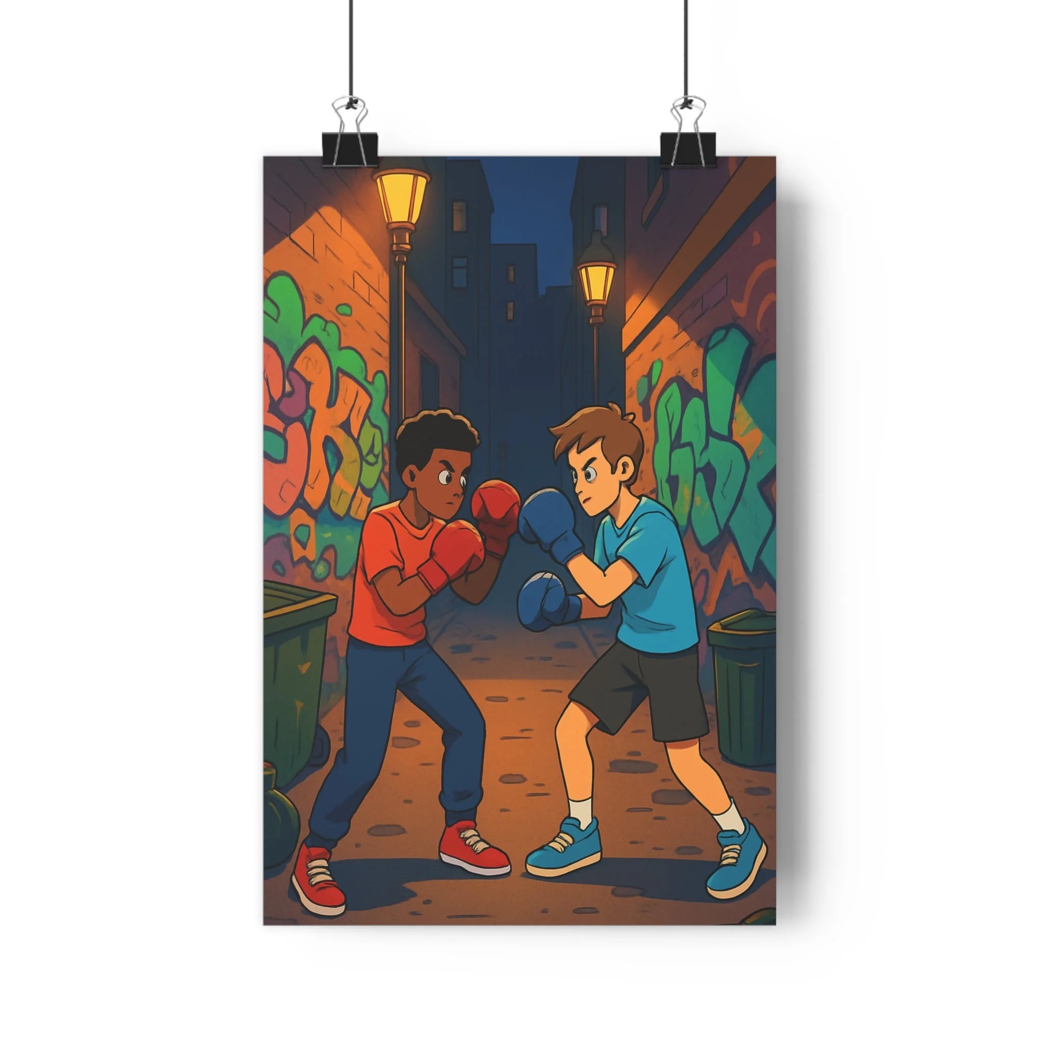 Poster décoratif urbain boxe dynamique couleurs terreuses vives chambre enfant graffiti moderne 30x46 ambiance