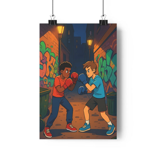 Poster boxeurs urbain nuit graffiti coloré rouge bleu vivant contemporain passion sportifs murs lumineux énergique chambre salon