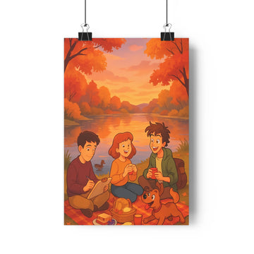 Poster automne personnages tapis lac oiseau livre chien feuilles orangées couchant paisible convivial simple moderne chambre salon