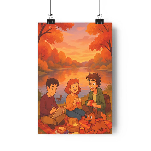 Poster automne personnages tapis lac oiseau livre chien feuilles orangées couchant paisible convivial simple moderne chambre salon