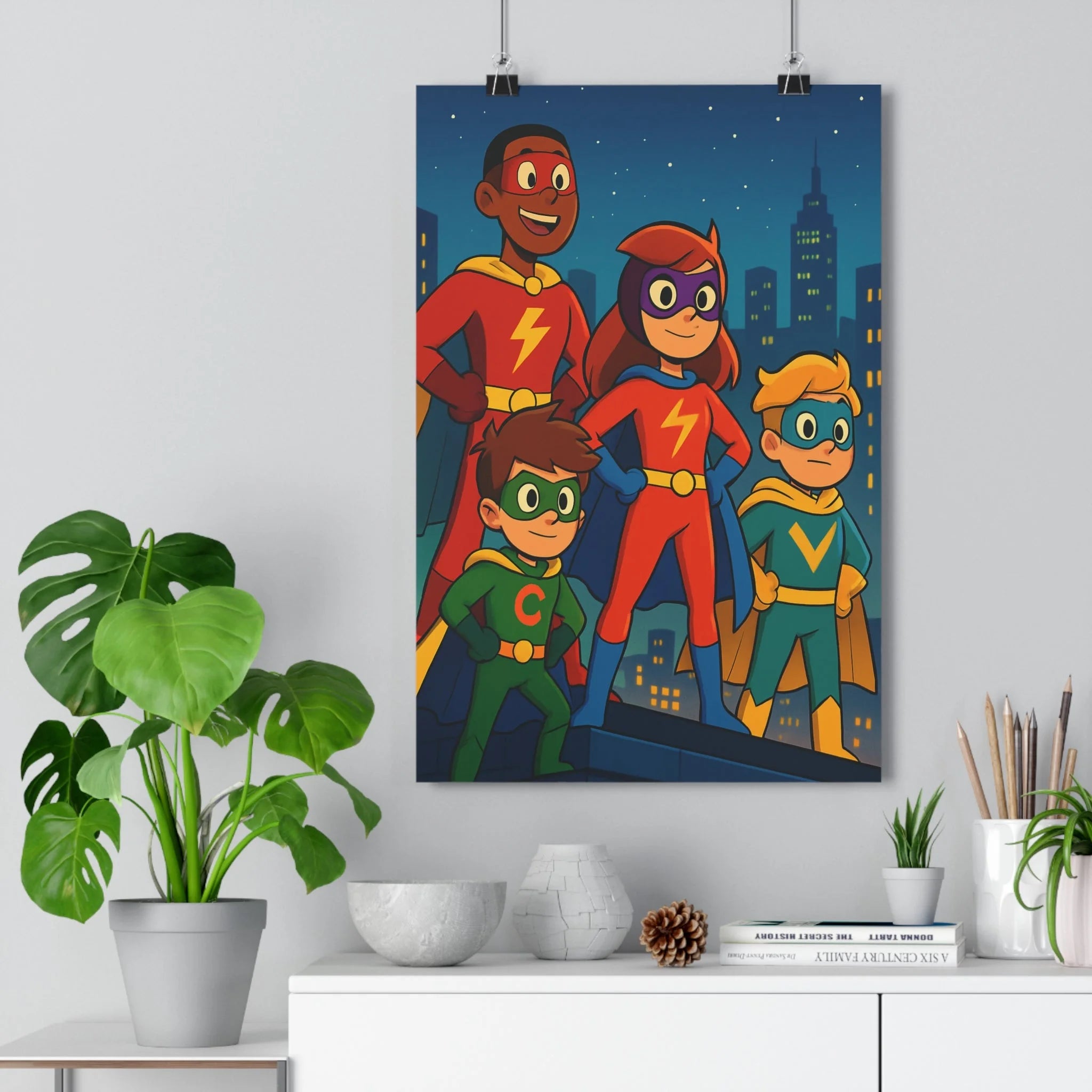 Poster décoratif enfants superhéros cartoon coloré rouge bleu vert aventure chambre joyeux dynamique murale