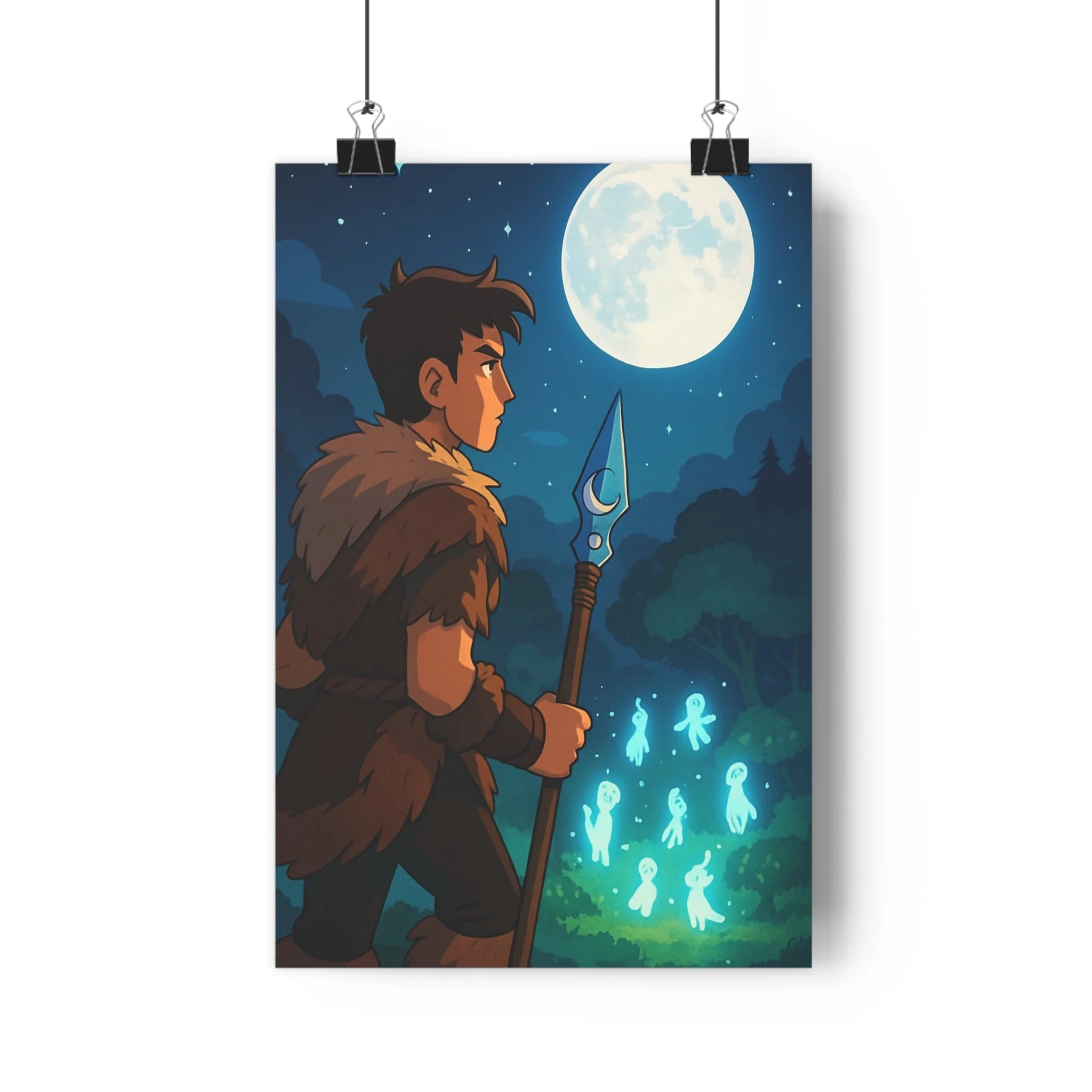Poster décoratif guerrier mystique lune bleu vert salon chambre nature légende 30x46 cm qualité