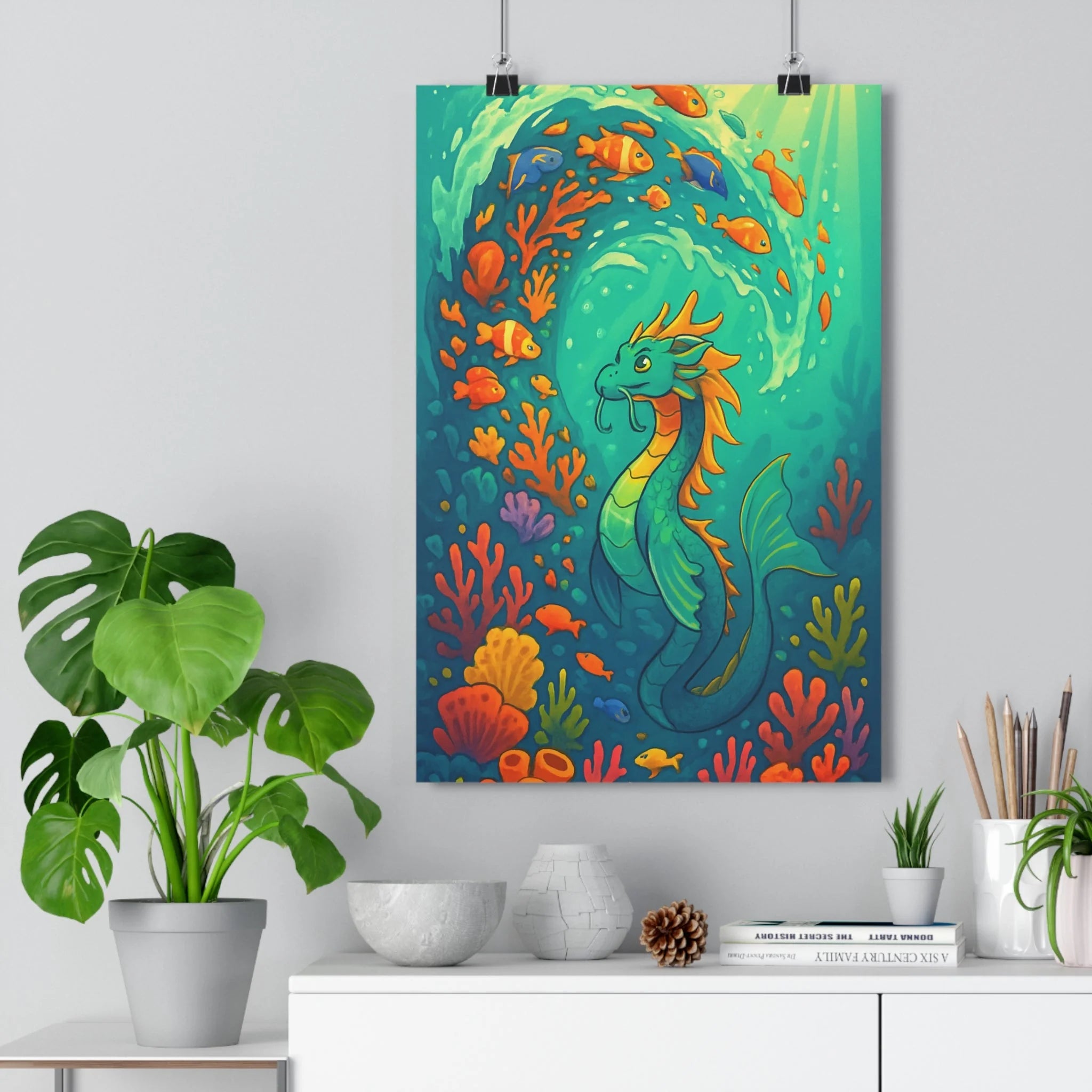Poster décoratif vibrant bleu orange animé aventure chambre bureau dragon marin créatures fantastiques 30x46
