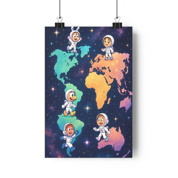 Poster carte monde colorée personnages combs spatiales continents espace étoiles bleu vert orange rose joyeux cartoon légèrement fantastique chambre bureau