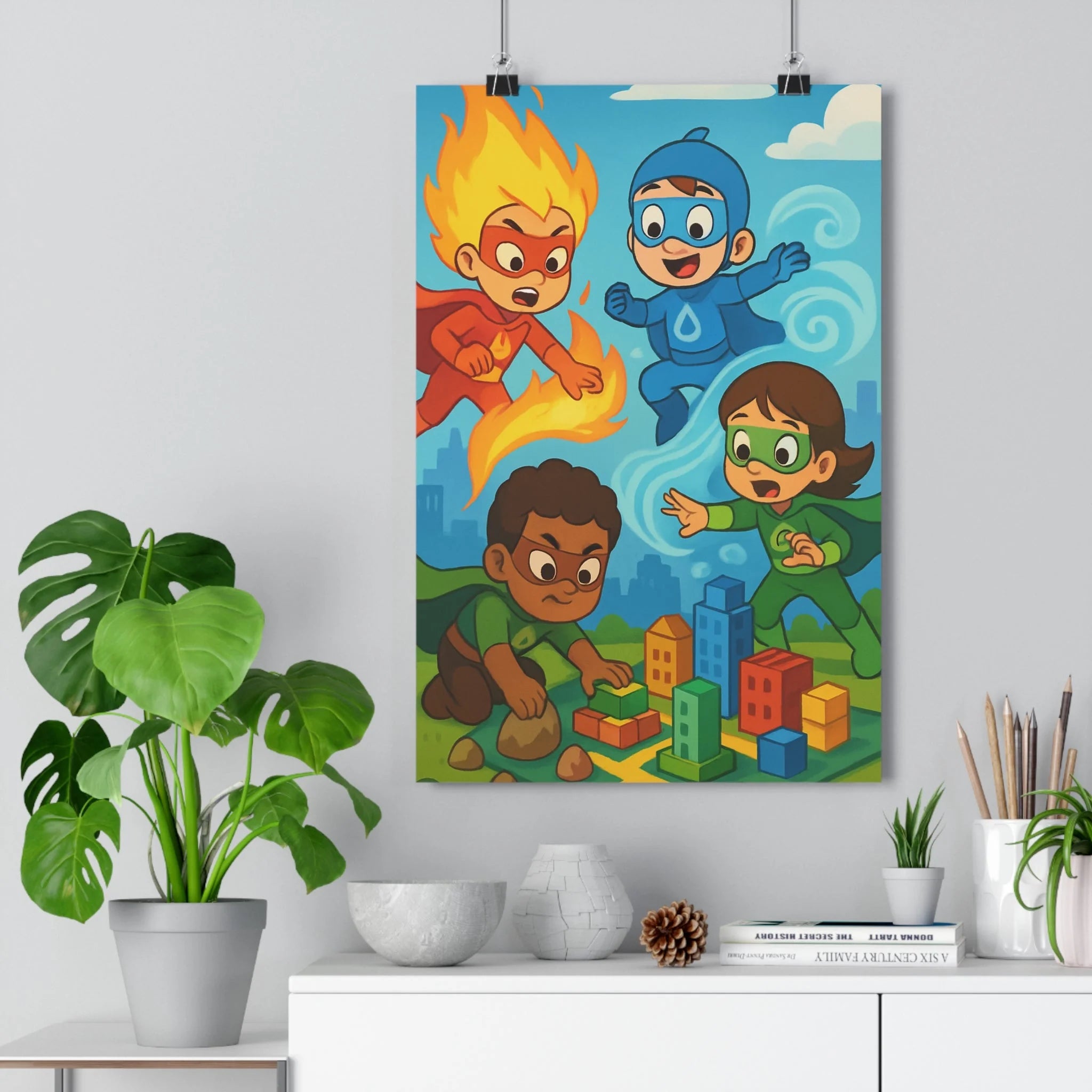Poster décoratif superhéros rouge bleu vert animé dynamique action aventure enfant chambre vibrant coloré