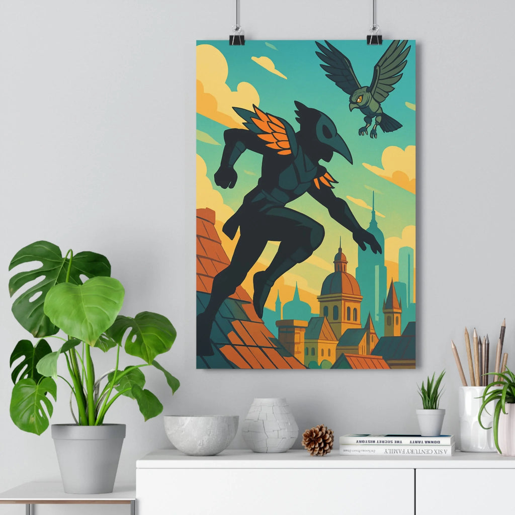 Poster décoratif aventure silhouette masquée ailes stylisées bleu ciel gris brun cartoon dynamique qualité