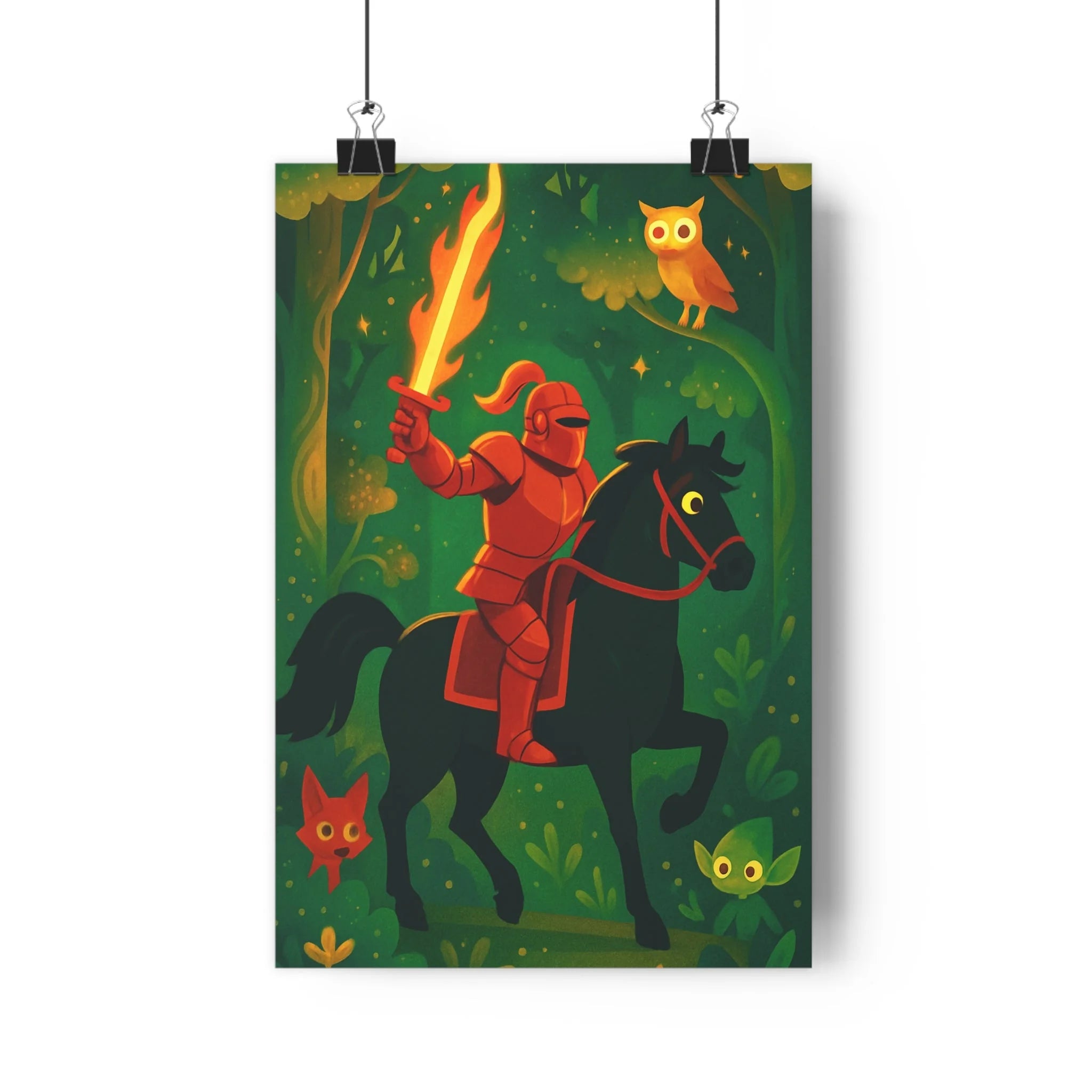 Poster décoratif chevalier écarlate forêt mystique cheval noir épée flamboyante ambiance captivante sublime enchantement