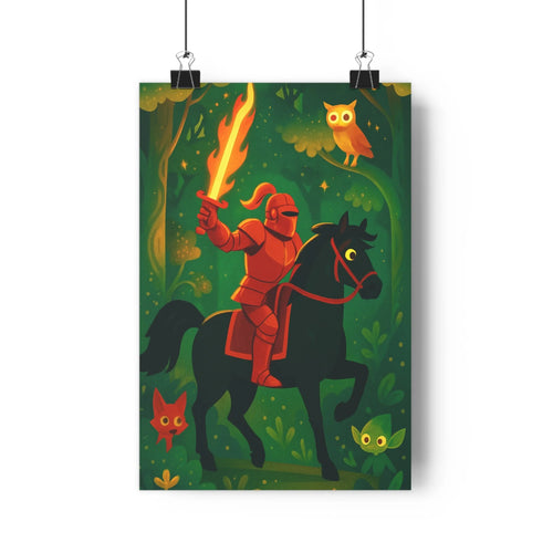Poster chevalier armure rouge cheval noir torche flamboyante chouette jaune foret dense plantes vertes créatures lumineuses couleurs chaudes style cartoon
