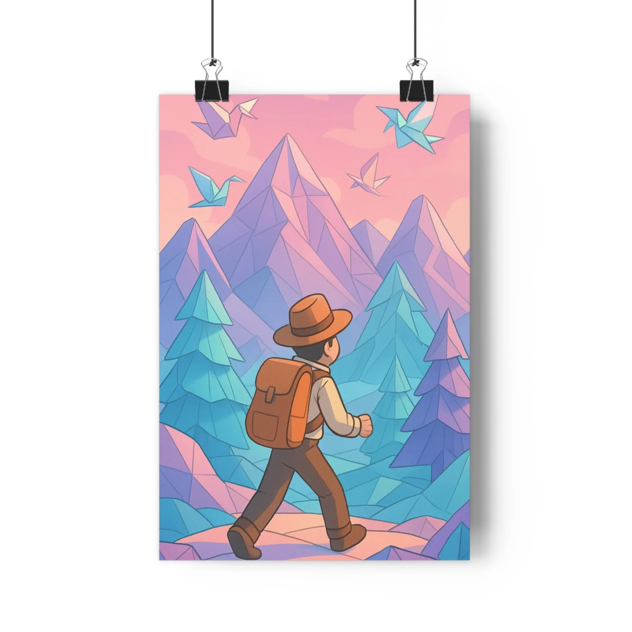 Poster décoratif voyageur surréaliste violet bleu montagnes bureau chambre onirique moderne 30x46 élégant rêveur