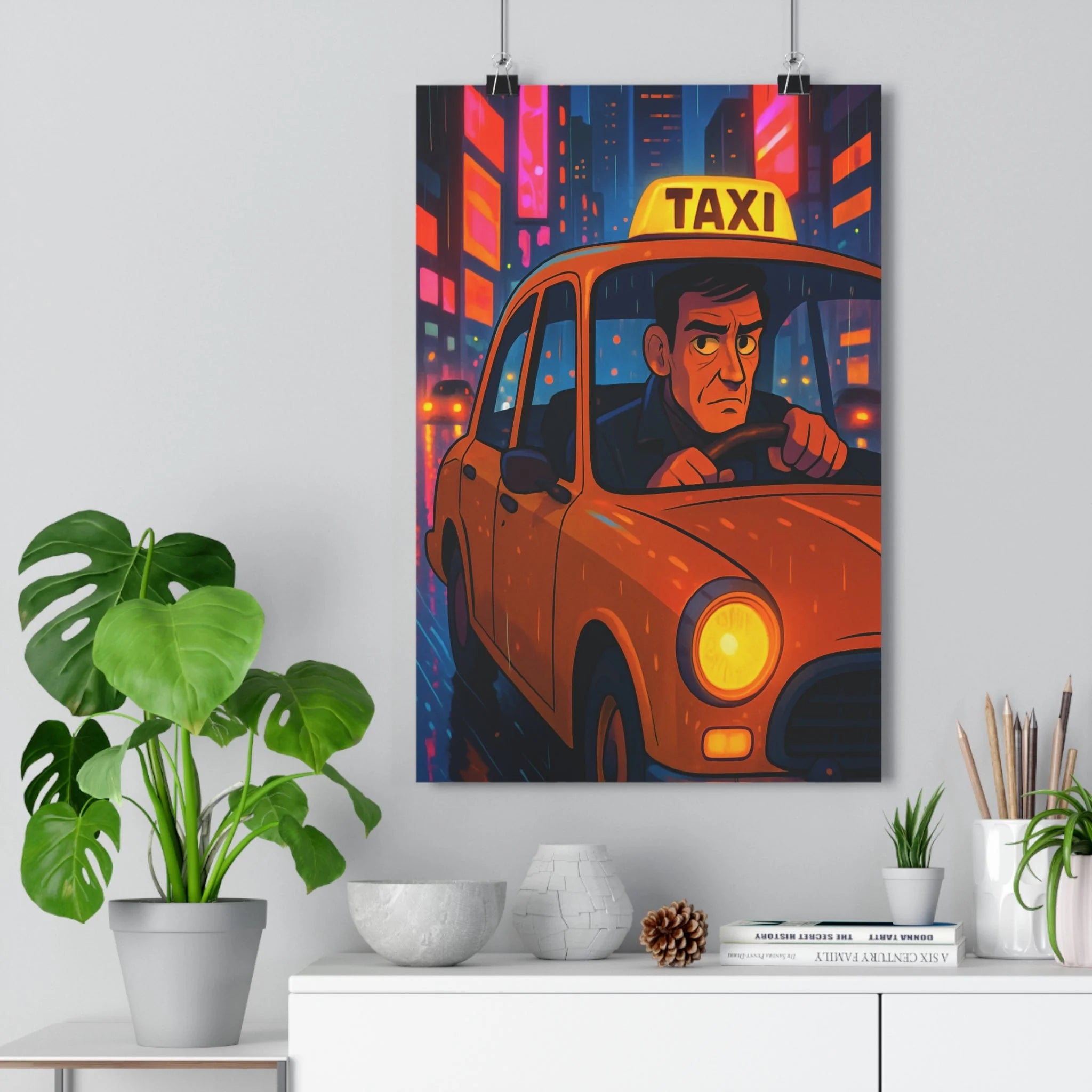 Poster décoratif taxi jaune néon urbain moderne dynamique salon chambre dessin animé nuit ville