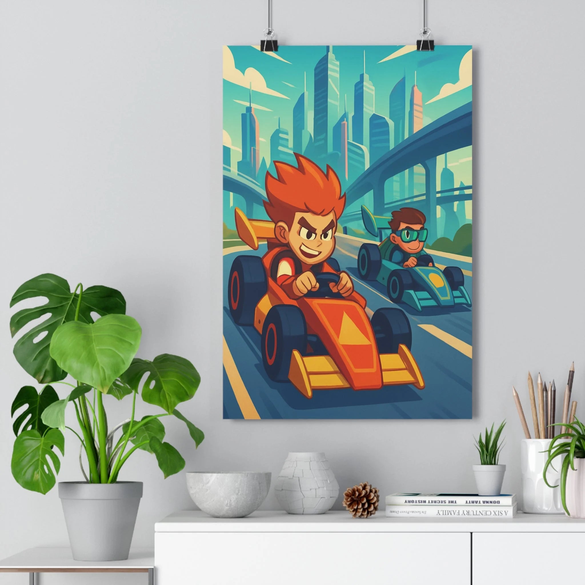 Poster décoratif futuriste anime orange bleu jaune salon moderne course aventure voiture dynamique élégant