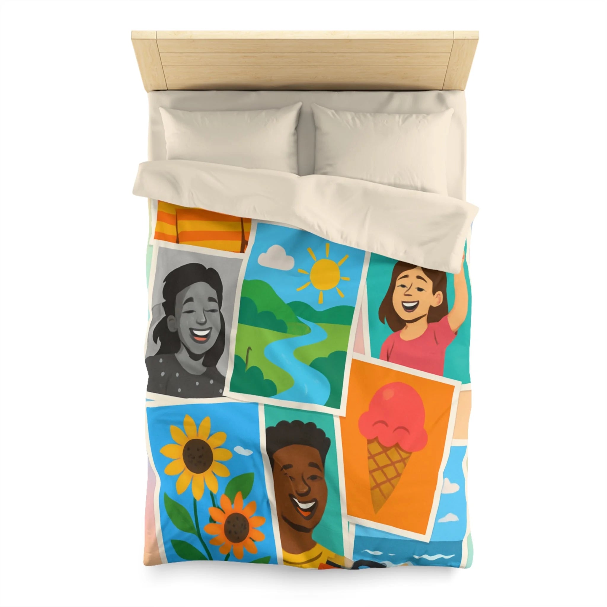 Vibrante housse de couette colorée avec portraits joyeux et paysages ensoleillés pour chambre