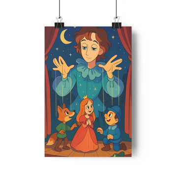 Poster décoratif théâtral mystique cheveux bruns renard vert princesse rouge fond étoilé magique chambre