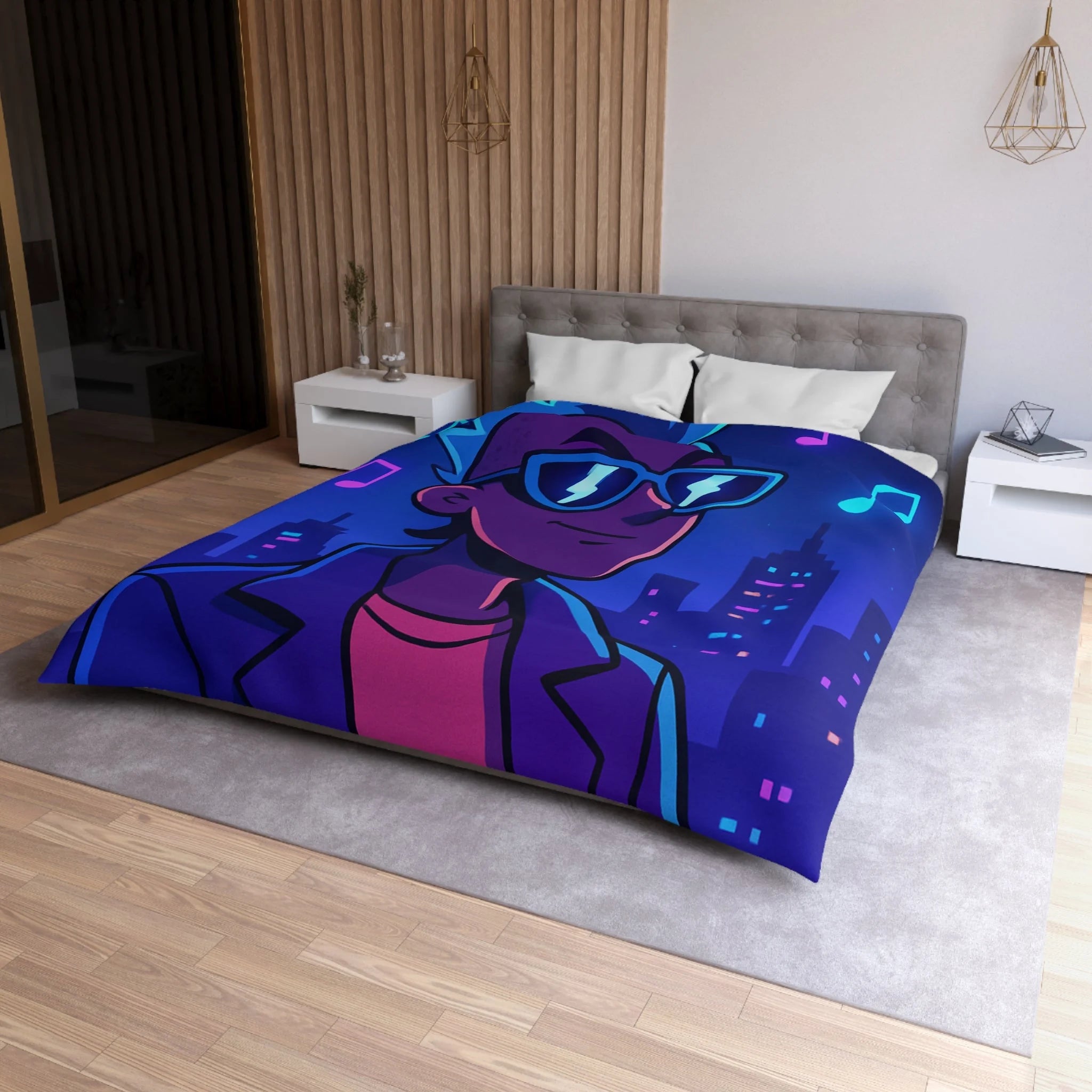 Housse de Couette Personnalisée avec Art de Ville Nocturne et Musicien Stylé Électrique
