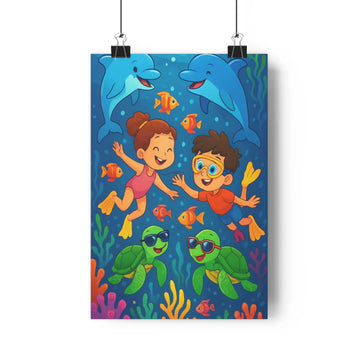 Poster enfants plongeurs dauphins tortues poissons coraux bulles eau bleue verte joyeuse cartoon chambre salon