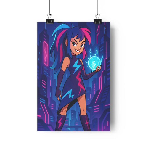 Poster femme cheveux multicolore robe noire foudres lumière bleue boule néon rose urbain nuit dynamique moderne vibrant érotique chambre salon